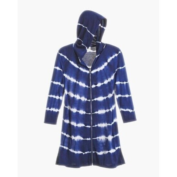 NWT Chico's Zenergy Tie Dye Jacket Hooded Zip Long Cardigan Size XL (3) Blue - Picture 1 of 14